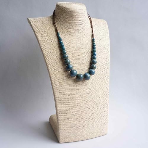 Boho Round Colorful Ceramic Beaded Necklace, Adjustable Hippie Statement Necklace, Handmade Ethnic Jewelry Gift for Women - color: Blue