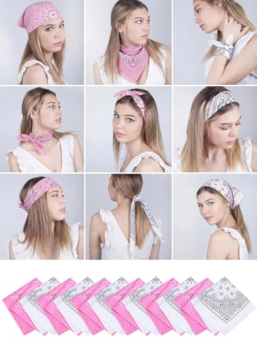 Unittype 48 Pieces Paisley Bandana Novelty Unisex Cowboy Headband Sports Bandannas Scarf Outdoor for Western Party Costume - color: White, Light Pink, style: Classic