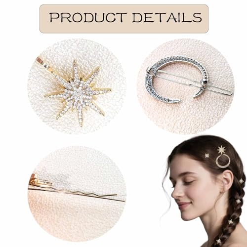 3 Pack Moon Star Hair Clips Gold Celestial Crystal Hairpins Hair Accessories for Women Bridal Wedding Party Festival Boho Style Hair Jewelry