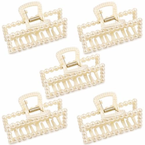 5 PCS Simulated Pearl Hair Claw Clips for Women | Multi-Use Barrettes for Thin Hair with Non-Slip Strong Hold | Barrettes for Thick & Curly Hair Accessories | Flat Claw Clips for Women, Off-White - color: 5 Pcs Simple