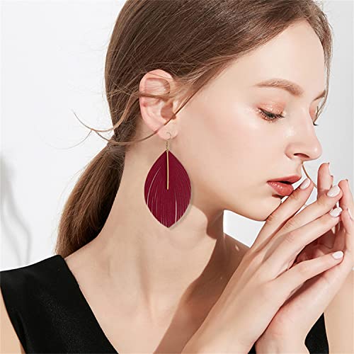 Minimalist Handmade Lightweight Large Soft Faux Leather Fringe Feather Dangle Drop Earrings Bohemian Huge Leaf Hook Earrings with Bar for Women - color: Rose red