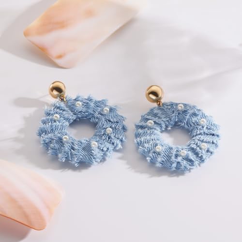 Coiris Bohemian Statement Dangle Earrings for Women Denim Leather Shells Pearl Polygonal Leaf Circle Drop Earrings for Women - style: Denim Pearl