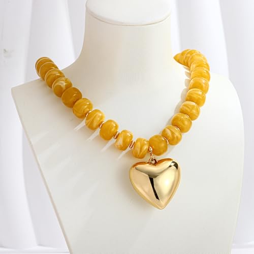 WOWORAMA Chunky Heart Necklaces for Women Colorful Resin Beaded Choker Necklace Gold Puffy Heart Statement Necklace Trendy Acrylic Choker Jewelry - color: Yellow