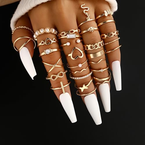 FAXHION 24-60 Pcs Gold Stackable Rings for Women, Knuckle Rings Chunky Gold Ring Set Dainty Stacking Cute Rings, Multiple Sizes Cute Jewelry Set Gift - style: Gold-30 pcs-1