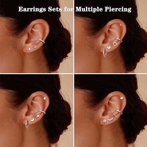 FASACCO Hypoallergenic Stainless Steel Earrings Set for Women Men | 316L Surgical Steel Silver Stud Hoop Earrings Sets for Multiple Piercing Small Cute Star Heart Butterfly Studs Huggies
