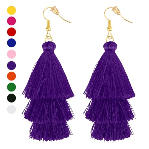 Earrings for Women Dangling, Layered Tassel Earrings Fringe Earrings Bohemian Studs Drop Earrings - color: Purple