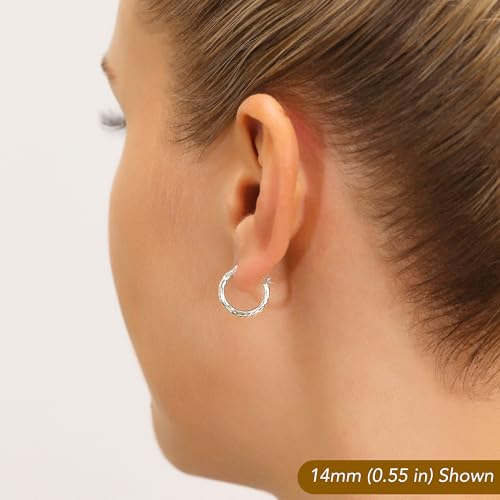 10K White Gold Hand Engraved Full Diamond-cut Round Hoop Earrings, Secure Latch Back Closure - style: 14mm