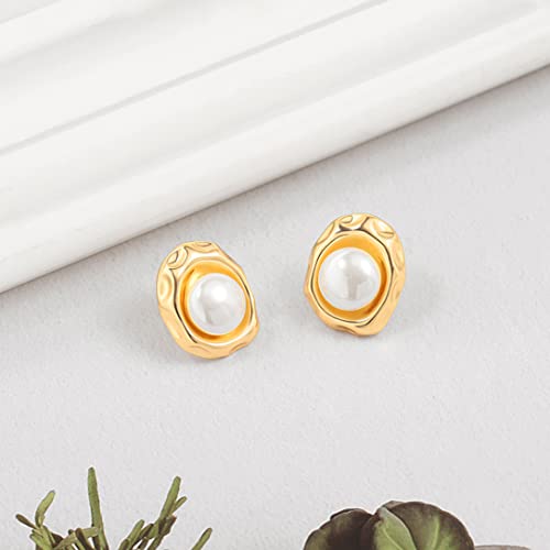 18K Gold Love Knot Stud Earrings for Women Statement Button Pearl Stud Earrings Minimalist Cute Small Post Earring - color: 2. Pearl