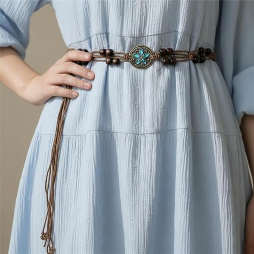 Boho Flower Wooden Bead Waist Belt, Vintage Woven Body Chain, Adjustable Cord Jewelry for Jeans Dress & Beach Wear - color: Brown