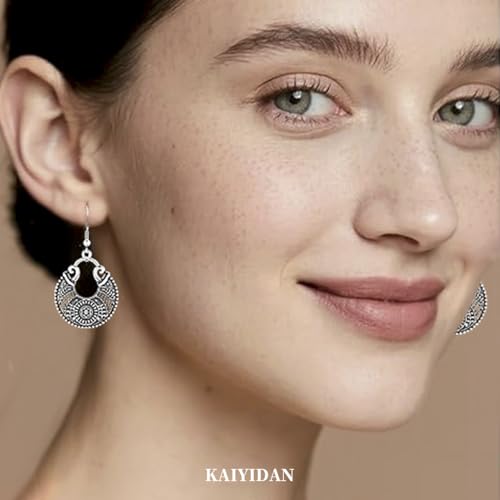 Silver Dangle Earrings For Women Trendy,Boho Cute Drop Western Earings,Vintage Gothic Ethnic Statement Beach Vacation Long Earrings with Leaf Teardrop Turquoise Crystal Tassels,Fashion Jewelry Birthday Gift. - color: A37) Vintage Engarved Loops Dangle