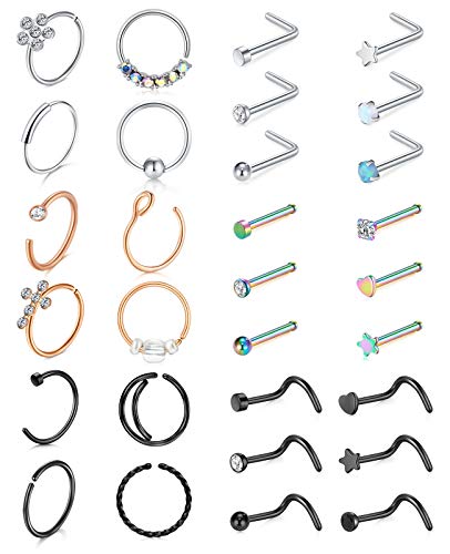 Mayhoop 20g Nose Rings Hoops And Studs For Women Men - Hypoallergenic 316L Surgical Stainless Steel L Shape Nose Screw Bone Silver Rose Gold Black Rainbow Pack 28Pcs - color: 30Pcs(Silver+Rose gold+Black+Rainbow)