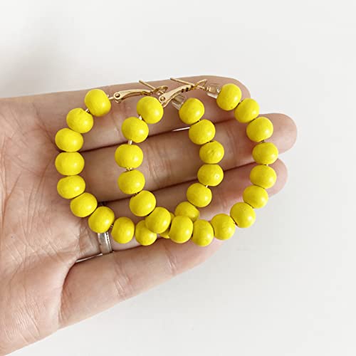 Handmade Nature Wooden Beaded Hoop Earrings Bohemian Minimalist Colorful Circle Round Wood Bead Earrings Vintage Chic Wooden Ethnic Dangle Drop Earrings for Women Statement Jewelry Gifts - color: Yellow