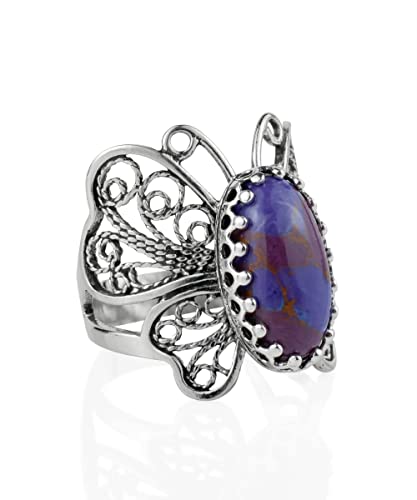 Filigranist Sterling Silver Filigree Art Butterfly Women Cocktail Ring with Gemstones - color: Mojave Turquoise
