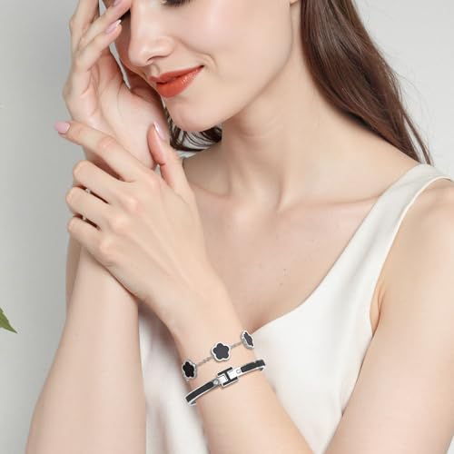 H Bangle & Clover Bracelet for Women - Stainless Steel Fashion Jewelry - 18K Gold Plated H Bangle and Lucky Five Leaf Clover Bracelet - Elegant Bracelets Set - Gift for Women - color: Silver-Black Set
