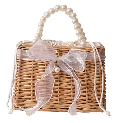 Wicker Basket Lace Ribbon Handbag Vacation Wedding Woven Handbag Drawstring Inner Pouch Daily Use Gift - color: A-white
