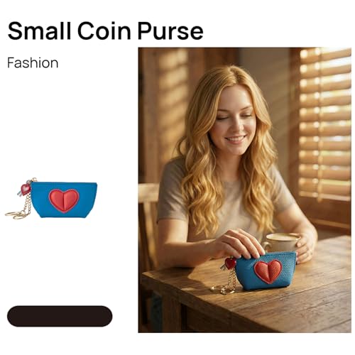 Red Heart Design Small Coin Purse - Cute Compact Keychain Change Purse Soft Leather Wallet with Zipper for Women (Blue) - color: Blue