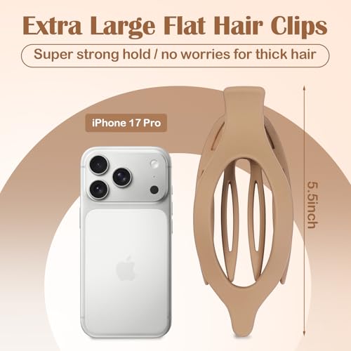 5.5 Inches Extra Large Flat Hair Clips for Women, 4 Pack XL Big Claw Clips for Thick Hair, Oversized Matte Strong Hold Non-slip Flat Claws, Khaki - color: Khaki-XL