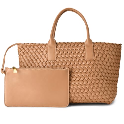 Woven Tote Bag for women,Vegan Leather Woven Satchel Handbag,Shoulder bag with Pouch,Hobo bag fits13-14” laptops - color: Khaki