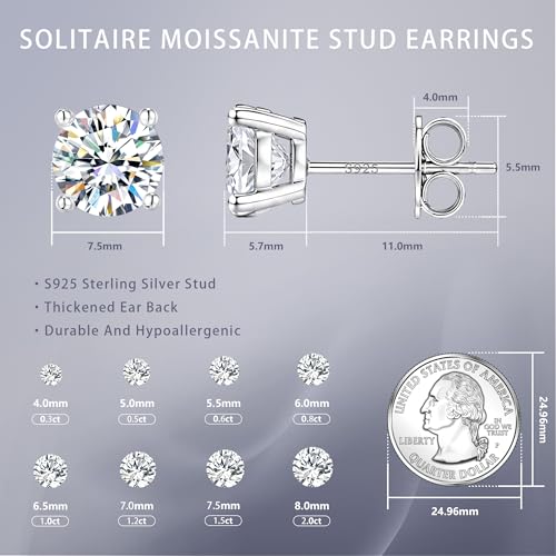 Moissanite Stud Earrings for Women & Men 18K White Gold/14K Gold Plated 925 Sterling Silver Stud for Sensitive Ear VVS1 Clarity Diamond Sparkle Jewelry Gifts with Sentimental Gift Box - color: 01 April-Diamond Clear White-Silver, size: 7.5mm- 3.0 Carat-(1