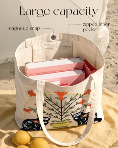 Miss Adola Embroidery Tote Bag with Pocket & Buckle - Reusable Canvas Tote for Women Cute Aesthetic Work Shopping Grocery Bag - style: Cat