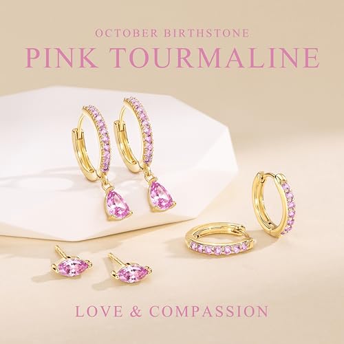 14K Gold Plated Small Huggie Hoop Earrings Set for Women, Hypoallergenic Dainty Sterling Silver Dangle Studs for Cartilage Helix, Lightweight Trendy Cute Stack Birthstone Jewelry Gift - color: 10_Pink Tourmaline_Oct_Gold