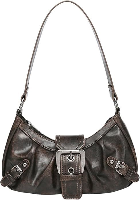 Y2K Trendy Purse for Women, Leather Buckle Punk Hobo Clutch Purses Bags for Ladies Top Handle Shoulder Bag - color: Deep Brown