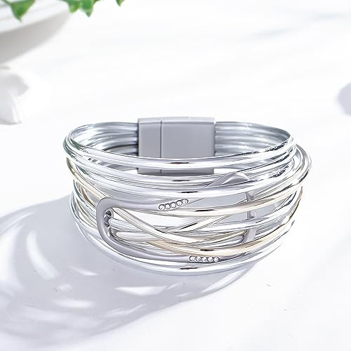 Long tiantian Leather Bracelets for Women Men Heart Wrap Bracelets Western Jewelry Cowgirl Outfits Birthday Gifts for Her - color: C6:silver leather bracelet
