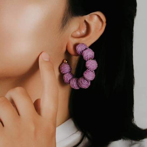 Raffia Hoop Earrings Statement Boho Beaded Earrings Cute Rattan Handmade Colorful Jewelry for Women Unique Summer Outfits - color: Purple