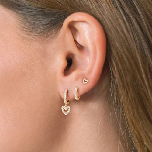 3 Pairs Small Earring Stacks, 14K Gold/Silver/Black/Rose Gold Plated Pearl Heart Butterfly Star Diamond Charm Drop Huggie Earrings Trendy Jewelry Gift for Women - color: Gold-Diamond Heart