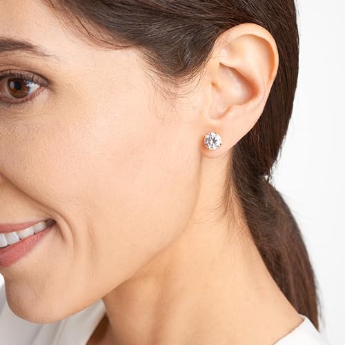 Amazon Essentials Plated Sterling Silver Cubic Zirconia Stud Earrings (Round & Princess) - color: White/Yellow Gold, size: 8 mm, style: Round Cut