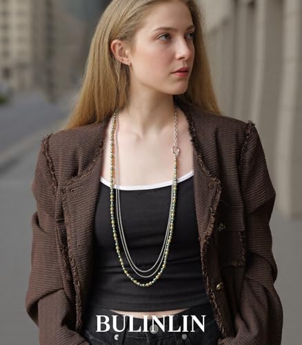 BULINLIN Layered Long Necklaces for Women Long Beaded Chain Necklace CostumeJewelry Mothers Day Gifts for Mom - color: 96-Army Green