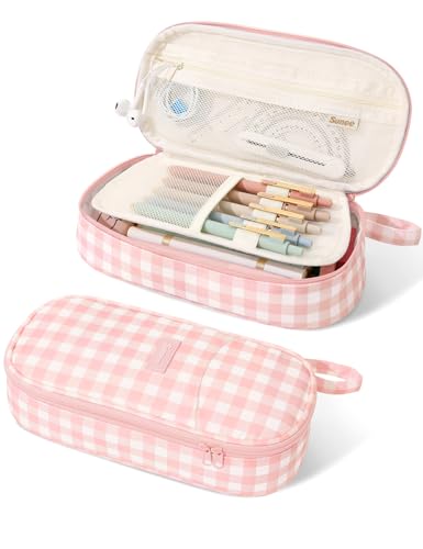 SUNEE Cute Pencil Case, Large Colored Pencil Pouch, Aesthetic Pen Bag with Zipper, Kawaii Stationery Storage and Organizer, School Supplies for Teen and Adult, Boys & Girls, Pink Checkered - color: Pink Checkered