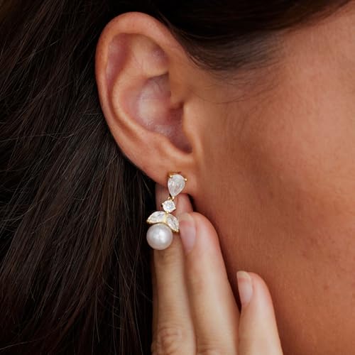 Pearl Earrings for Women, Dainty Wedding Bridal Earrings 14k Gold Plated CZ Pearl Drop Earrings for Women Trendy Hypoallergenic Unique Gold Drop Earrings Fashion Prom Jewelry - color: Gold-E