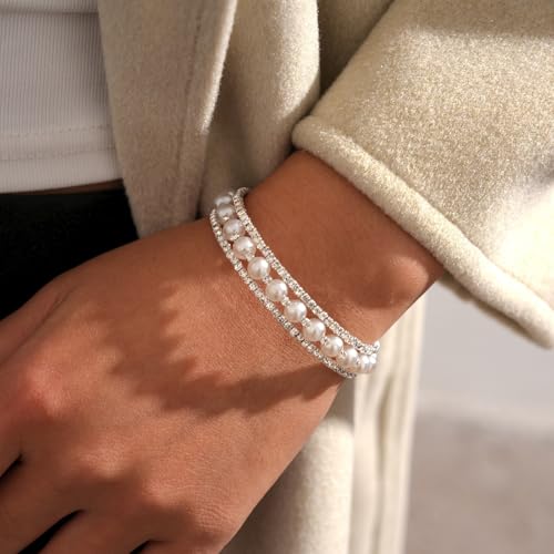 Pearl Rhinestone Stretch Cuff Bracelet for Women Adjustable | Perfect for vintage weddings parties vacations and everyday wear - color: Silver