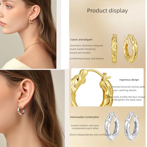 SHIMAO Hammered Gold Earrings for Women, Small Hoop Earrings 14K Gold Plated Thick Hoop Huggie Earrings for Women, Niche Design Metal Texture Chunky Gold Huggie Hoop Earrings