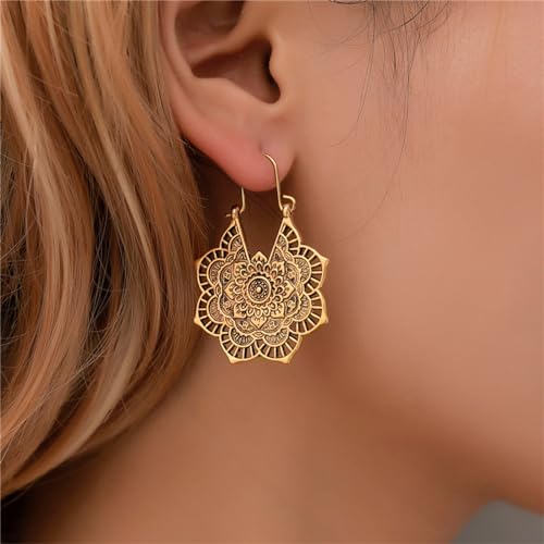 Boho Antique Carved Flower Dangle Drop Earrings for Women Vintage Retro Handmade Hollowed Antiqued Bronze Floral Shaped Geometric Gold Silver Plated Hoop Earrings for Ethnic Style Jewelry Gifts - color: Gold