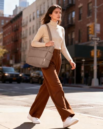 HOTOR Puffer Tote Bag for Women, Nurses - Multi-Pocket Lightweight Bag for Work - Quilted Handbag for Travel and Gym - color: Brown, size: 18.1" × 6.3" × 11.8"