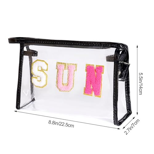 Preppy Patch Makeup Bag, Sun Chenille Letter Bag for Beach, Pouch with Zipper, Travel Bags Clear Cosmetic Toiletry Bag for Women Girls Teens (Black) - color: Black