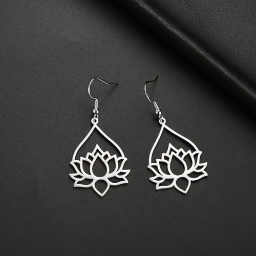 TEAMER Stainless Steel Lotus Flower Dangle Earrings Bohemian Drop Earring Unique Geometric Jewelry for Women - color: Lotus 7-Steel Color