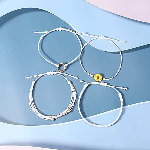 FANCY SHINY Easter Gifts Basket Stuffers Sunflower String Bracelet Boho Braided Rope Wrap Bracelets Cute Summer Beach Surfer Jewelry for Women - color: White