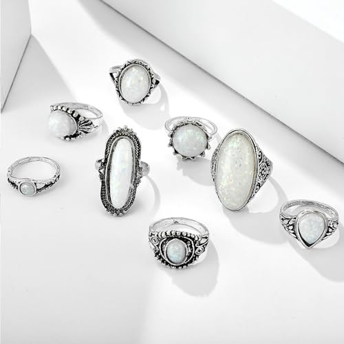 GIGB PBDK Silver Stackable Opal Knuckle Ring Set for Women Lady Boho Vintage Oval Gemstone Ring Geometric Joint Finger Stacking Nail Ring Jewelry