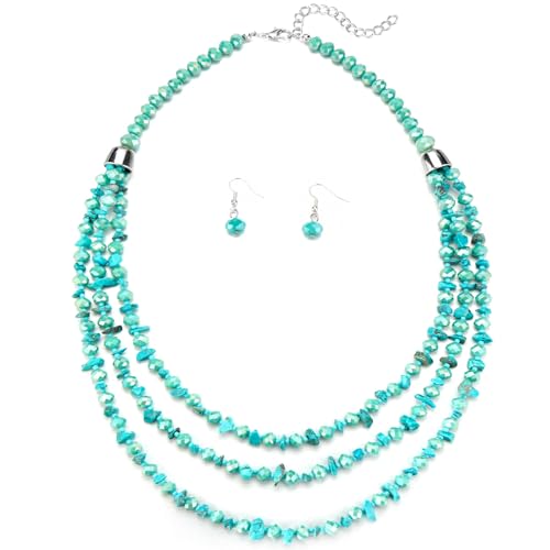 Errally Layered Beaded Statement Necklace Multi Strand Crystal Beads Collar Necklace and Earring Sets for Women Fashion Costume Jewelry Set Gifts for Her - color: 15-Turquoise
