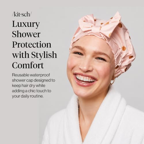 Kitsch Luxury Shower Caps for Women Reusable Waterproof - Large Shower Cap for Women, Non-slip, Quick-dry Hair Cap for Long and Short Hair, Comfortable and Stylish Design - Blush Dot - color: Blush Dot
