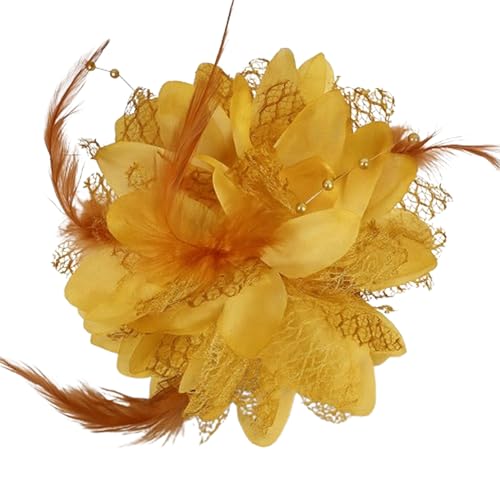4.72 Inches Elegant Hair Clip Large Flower Brooches for Women | Flower Mesh Feathers Headwear Hair Clips for Wedding | Ponytail Holder & Floral Pins for Clothes Must Have in Fashion Dress Accessories - color: Golden Yellow