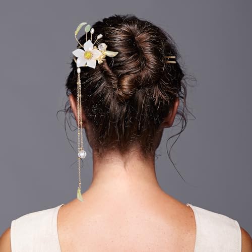 HINZIC 6PCS Lily Flower Tassels Hairpin, Crystal Rhinestone Pearl Hair Clips Headpiece Retro Chinese Hanfu Wedding Brides Valentines Hair Accessories Jewelry for Women Girls Updo Long Hair - color: Solid color