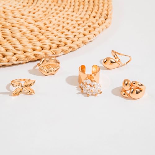 5Pcs Chunky Gold Ring Sets Vintage Lip Pearl Flower Knuckle Statement Ring Set Irregular Stacking Open Ring Set Punk Fashion Jewelry Accessories for Women - color: Gold