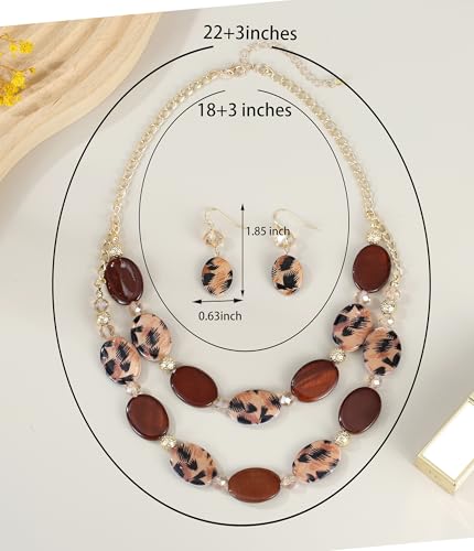 2 Layered Chunky Beaded Shell Necklace for Women Sea Shell blue/yellow/red/green/turquoise/teal/white Statement Necklace and Earring Set Elegant Women Necklace Set Jewelry Sets for Women - color: leopard/brown