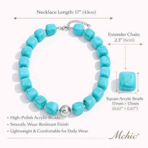 Mchic Colorful Beaded Choker Necklace for Women: Boho Large Square Acrylic Beaded Necklace Stainless Steel Adjustable Surfer Beach Strand Necklaces Summer Handmade Jewelry Gift for Women - color: Teal-Silver