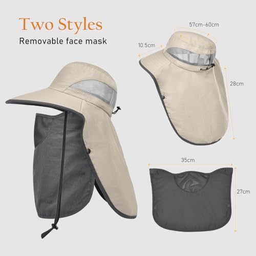 Womens Sun Hat Wide Brim UPF50+ Outdoor Sun Protection Ladies Fishing Hat with Neck Flap Detachable Face Cover - color: Khaki