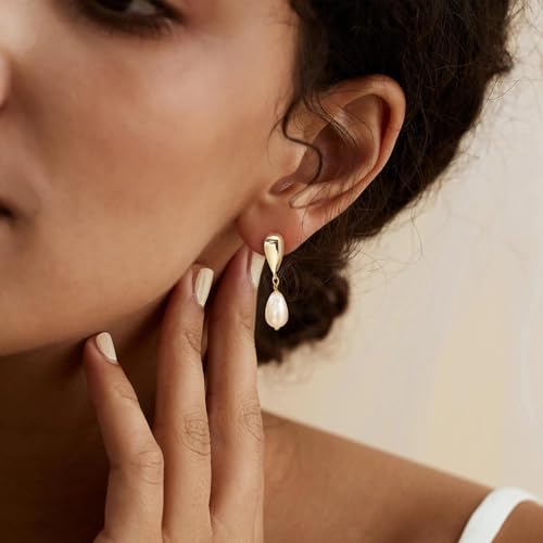LLWOM Gold Silver CZ Teardrop Dangling, Pearl Drop Studs Dangle Earrings for Women Trendy, Hypoallergenic Jewelry Gift for Wedding/Party/Prom/Daily - color: Gold Pearl Teardrop